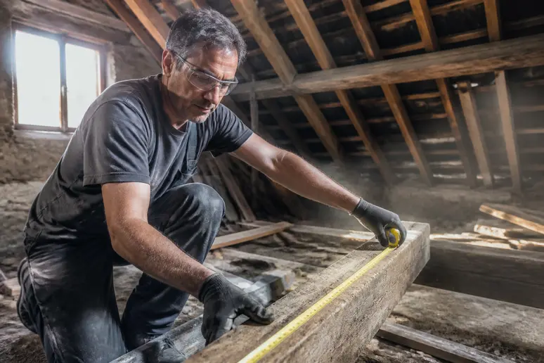 Un bricoleur méticuleux mesure une poutre dans des combles peu éclairés, préparant la structure pour un futur aménagement.