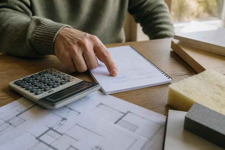 Calculatrice et plans d'architecte posés sur une table en bois, illustrant la planification budgétaire d'un projet d'aménagement de combles.