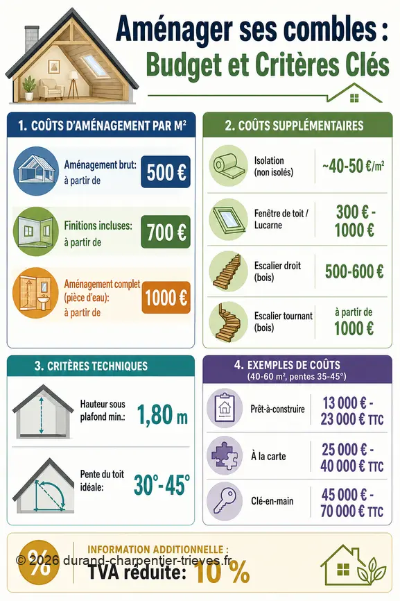Infographie résumant les coûts, critères techniques et exemples de budget pour l'aménagement de combles perdus.