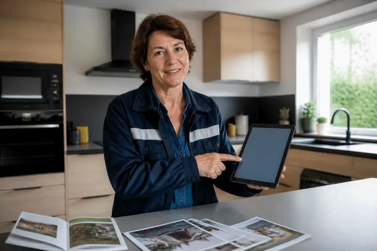 Femme expliquant les aides financières disponibles pour l'aménagement de combles, dans un contexte domestique et informatif.