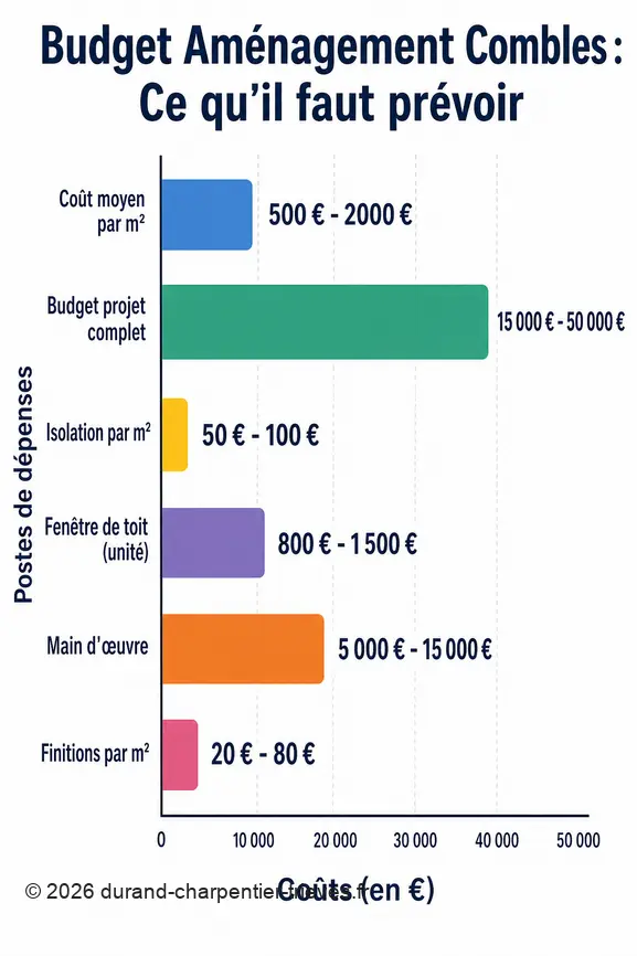 Infographie présentant les coûts moyens et les fourchettes de prix pour l'aménagement des combles, poste par poste.