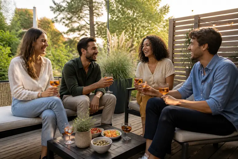 Des amis profitent d'un apéritif sur une terrasse en bois aménagée avec style, sous un éclairage doux en fin de journée.