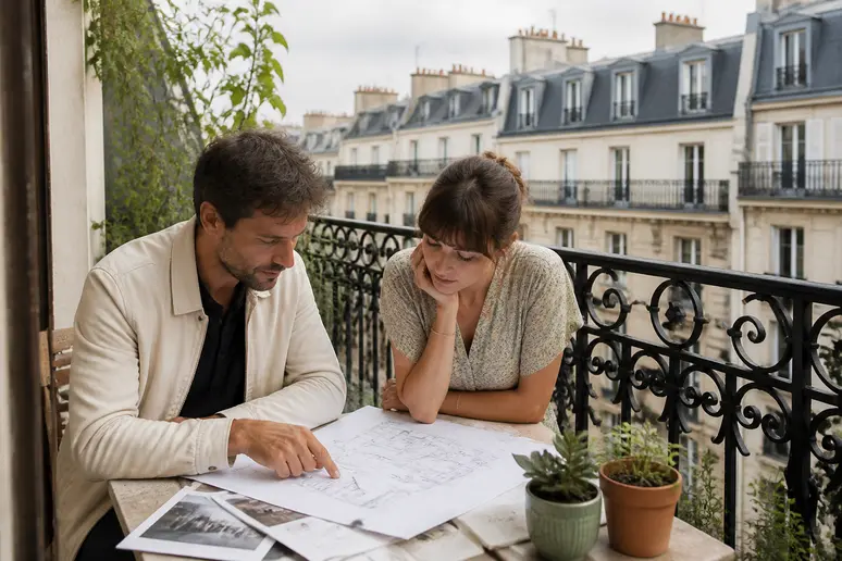 Couple parisien examinant des plans sur une table, sur un balcon typique, soulignant les aspects juridiques et réglementaires.