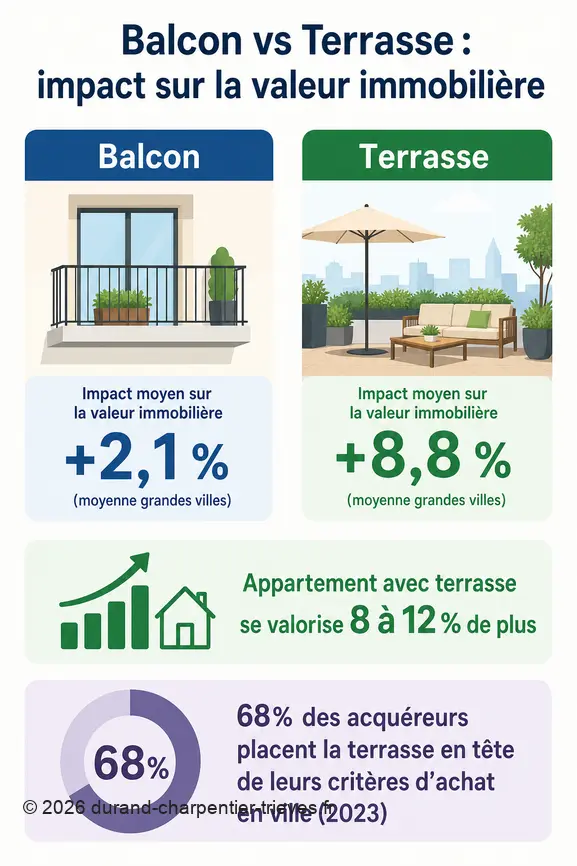 Infographie comparant la valeur des logements avec balcon et terrasse, et l'importance de la terrasse pour les acquéreurs.