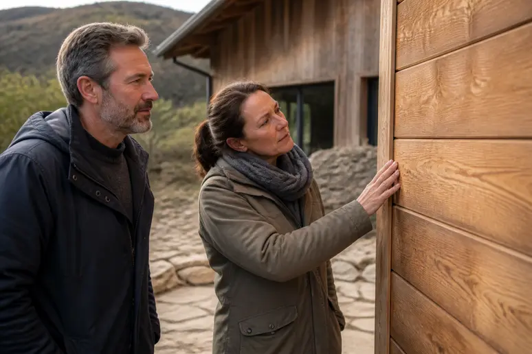 Un couple français examine attentivement une façade en bois naturel, choisissant l'essence parfaite pour leur maison.