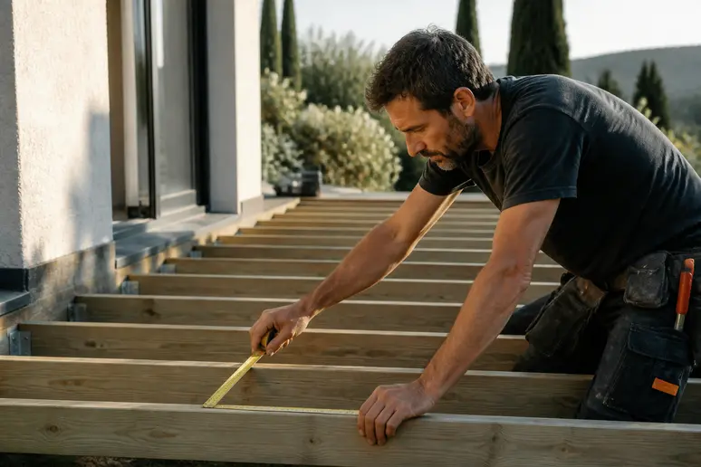 Artisan français mesurant l'entraxe des lambourdes en bois pour une future terrasse de jardin.