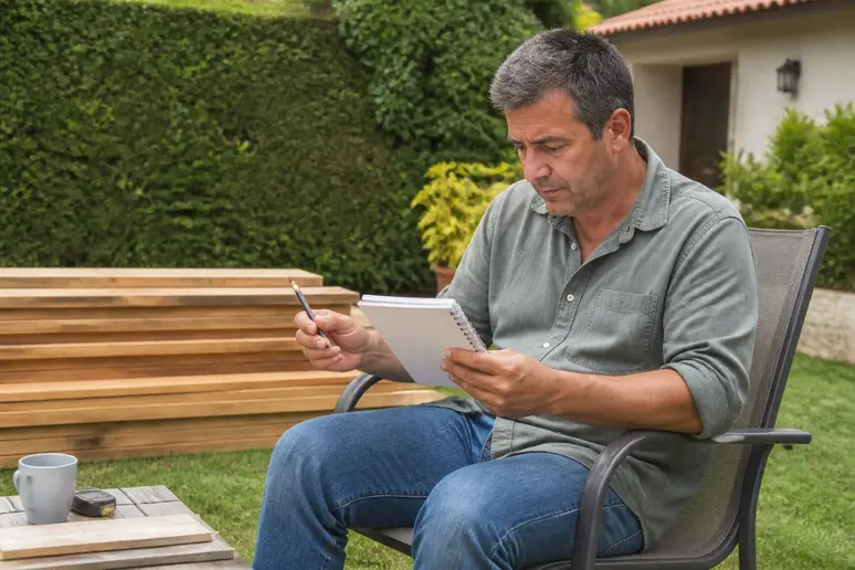 Homme calculant le nombre de lambourdes en bois nécessaires pour la construction de sa terrasse.