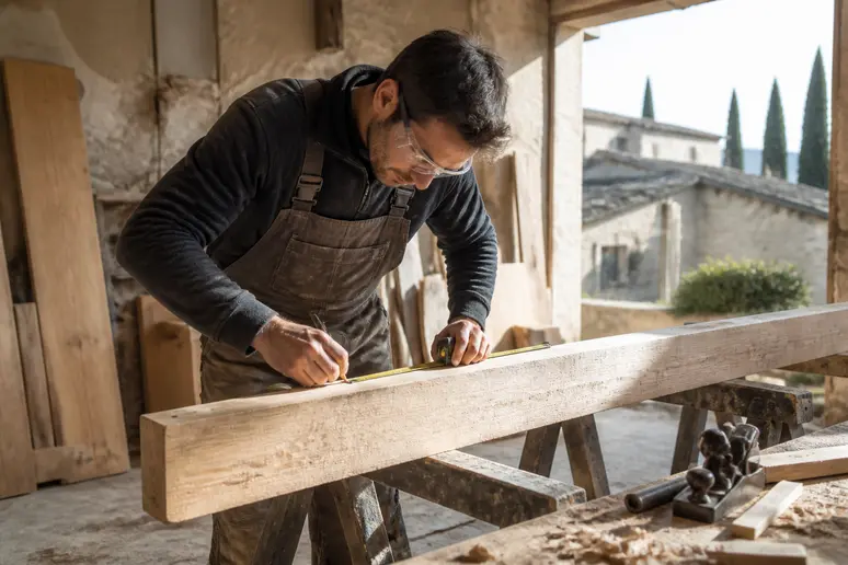 Un charpentier expérimenté mesure une poutre en bois dans un atelier lumineux, soulignant l'importance de la précision dans le calcul structurel.