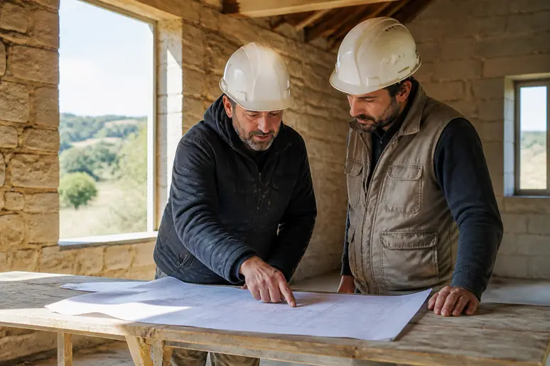 Des ouvriers du bâtiment français examinent des plans sur un chantier, discutant des erreurs potentielles de dimensionnement pour assurer la solidité de la structure.