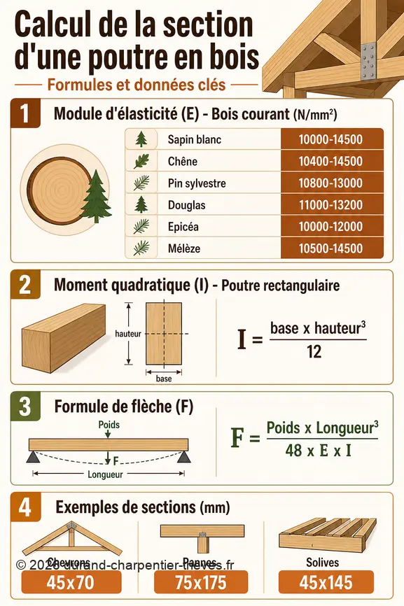 Infographie présentant les formules et les données chiffrées essentielles pour calculer la section d'une poutre en bois.