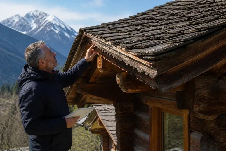 Un homme d'âge mûr examine attentivement la charpente d'un chalet traditionnel en bois dans les Alpes françaises.