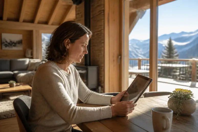 Une femme consulte des plans sur une tablette dans le salon lumineux d'un chalet moderne et bien isolé en montagne.
