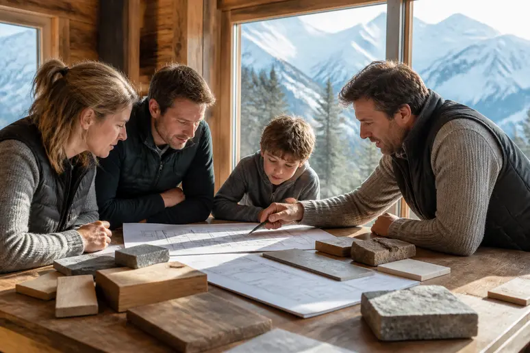 Une famille discute des plans d'un nouveau chalet en bois, entourée de plans et d'échantillons de matériaux dans un bureau de montagne lumineux.
