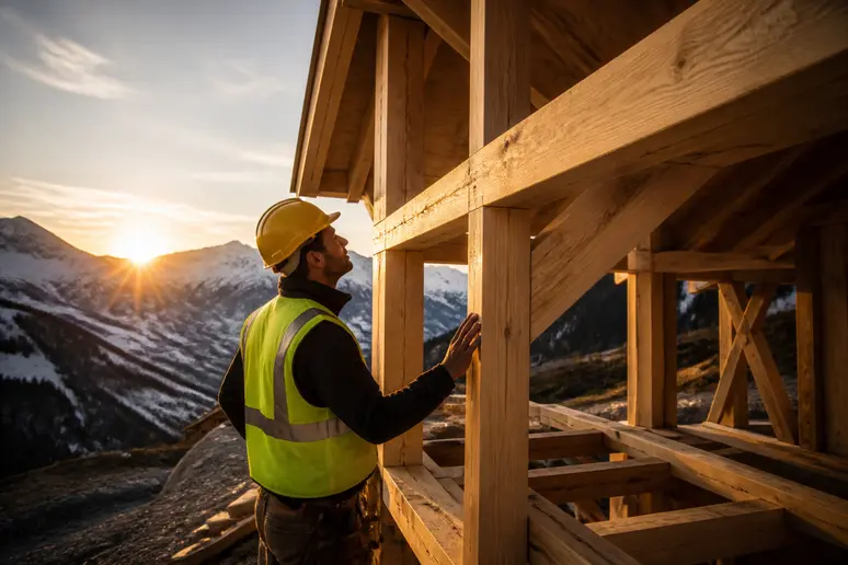 Un ouvrier inspecte les poutres en bois d'un chalet en construction sur une pente de montagne, sous un ciel de fin de journée.