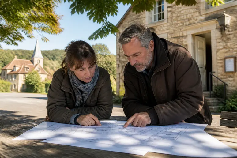 Couple français examinant des plans d'architecte devant une mairie de village, sous un soleil doux.