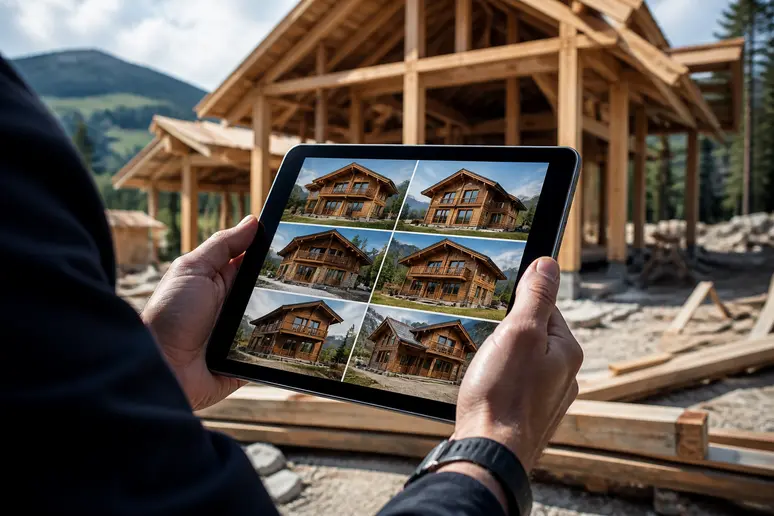 Mains tenant une tablette affichant divers chalets en bois, avec une structure en cours de montage.