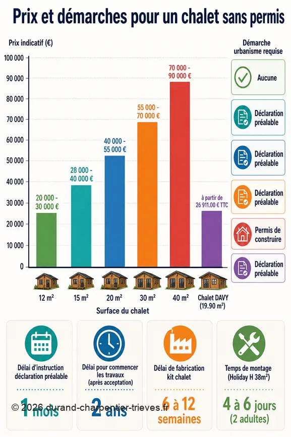 Comparaison des prix des chalets par taille et des démarches d'urbanisme nécessaires en 2026.