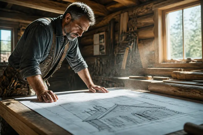 Artisan consultant des plans de chalet en rondins de bois dans un atelier lumineux, soulignant la planification budgétaire.