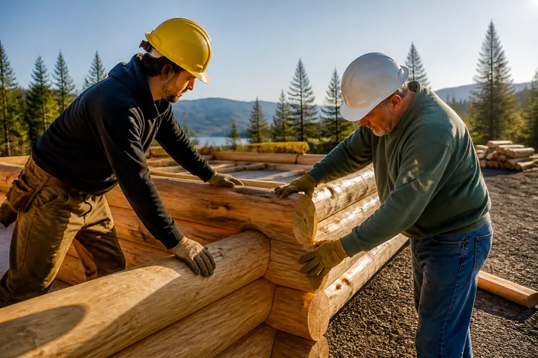 Ouvriers assemblant des rondins de bois pour un chalet, illustrant les étapes de construction sur un chantier.