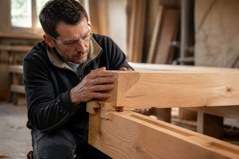 Un charpentier français assemble avec soin deux pièces de bois à l'aide d'assemblages traditionnels dans un atelier.