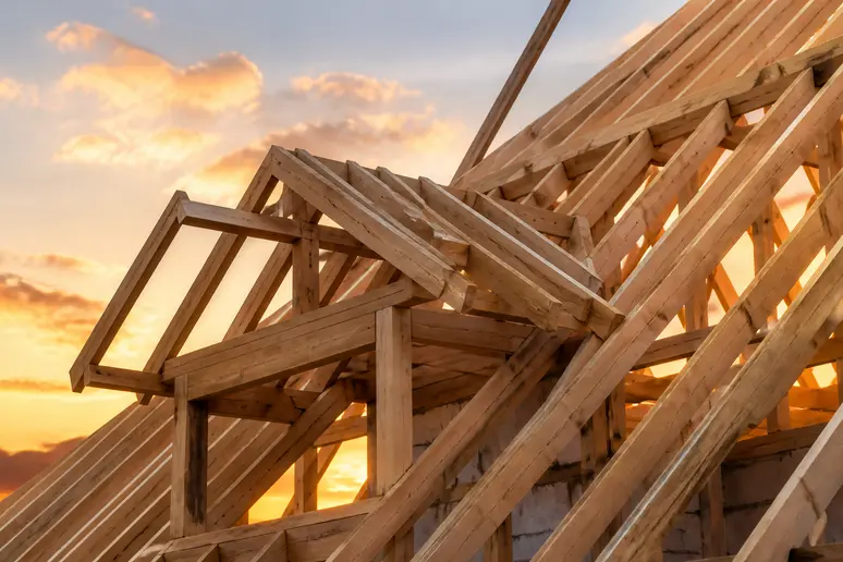 Structure d'une charpente en bois complexe pour une maison moderne en cours de construction, éclairée par le soleil couchant.