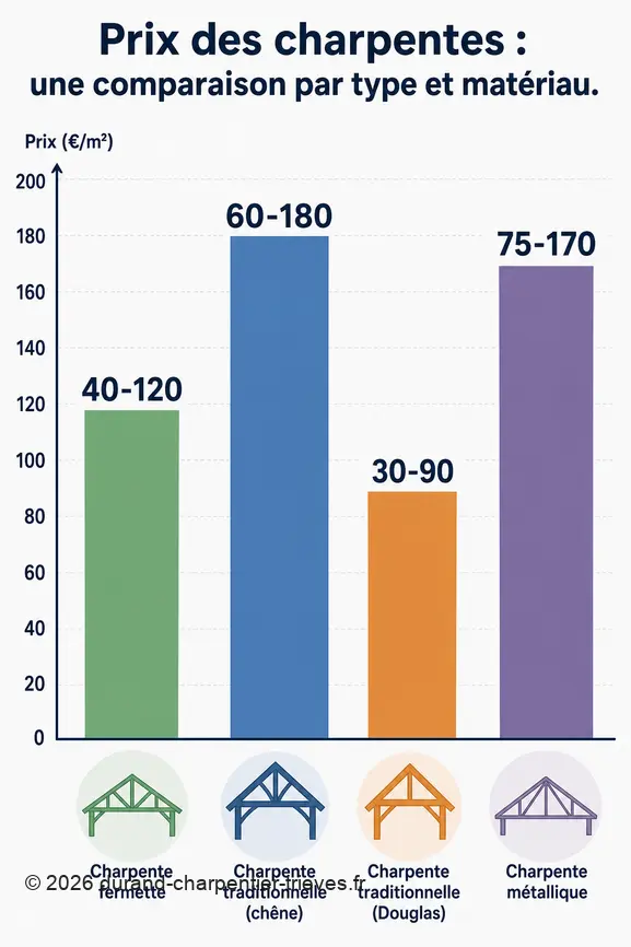 Comparaison des prix moyens de pose des charpentes fermette, traditionnelle (chêne, Douglas) et métallique au mètre carré.