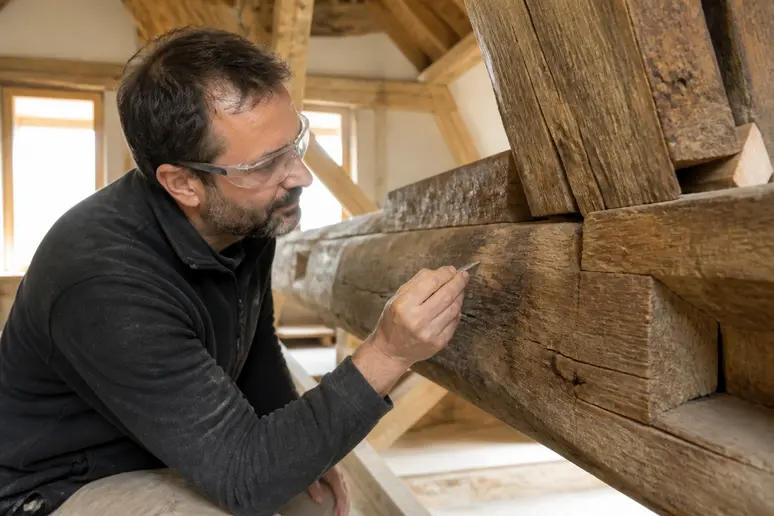 Charpentier français examinant une poutre de bois massif dans un grenier lumineux, soulignant la solidité du matériau.