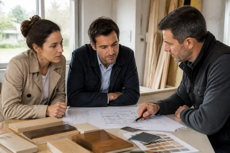 Couple français discutant avec un entrepreneur des coûts et des matériaux pour une charpente en bois, dans un bureau de chantier.