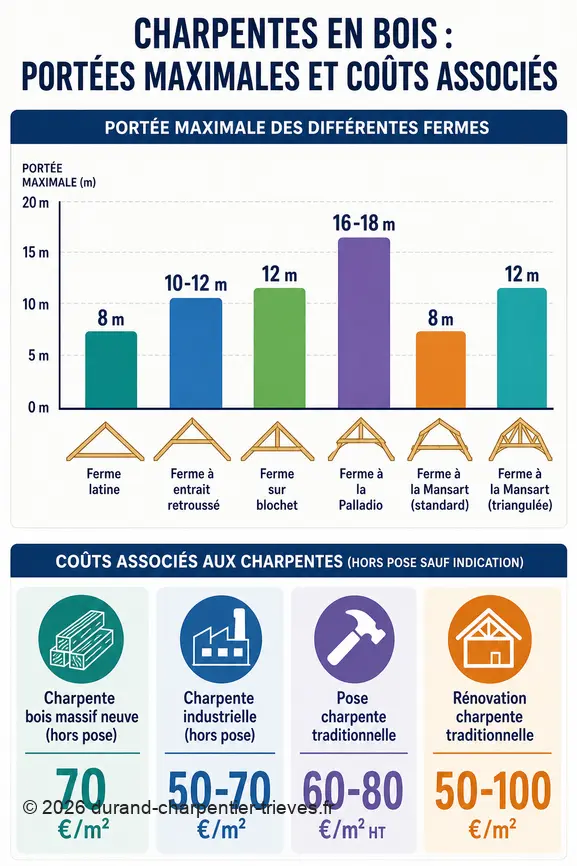Comparaison des portées maximales de charpentes en bois et des coûts moyens au mètre carré.