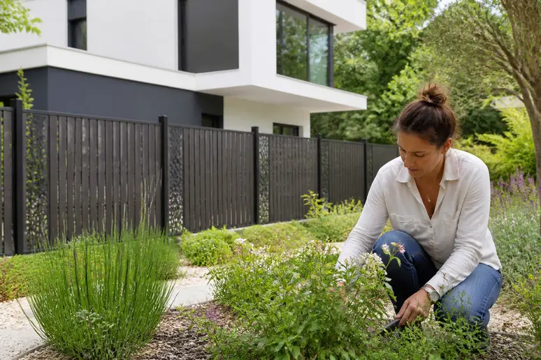 Une clôture à barreaudage gris anthracite s'intègre harmonieusement au design d'une maison moderne et à son jardin.
