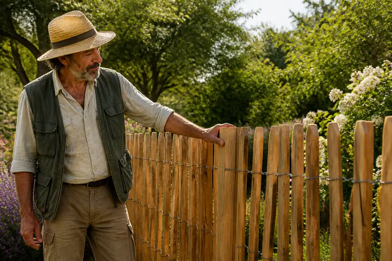 Un jardinier français examine la qualité d'une clôture en bois de châtaignier dans son jardin fleuri.