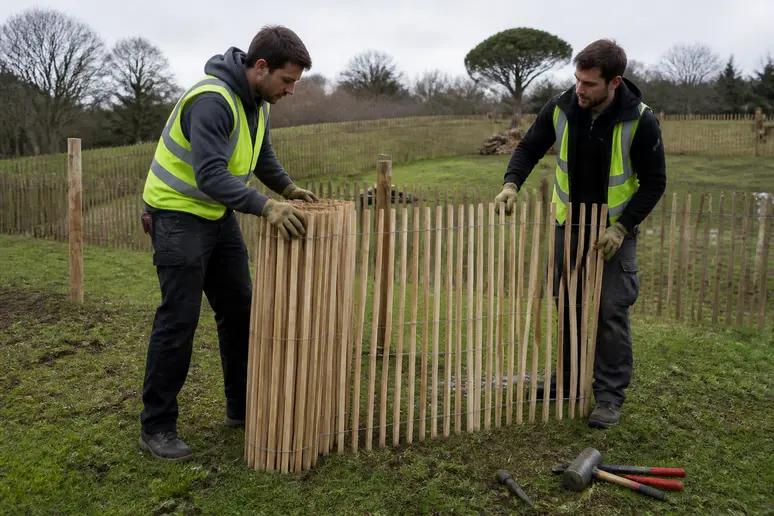 Deux ouvriers français déroulent une clôture en ganivelle de châtaignier pour son installation.