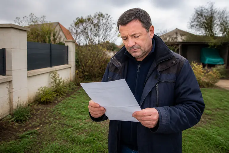 Un homme français d'une cinquantaine d'années consulte un avis d'infraction concernant sa clôture, l'air préoccupé.
