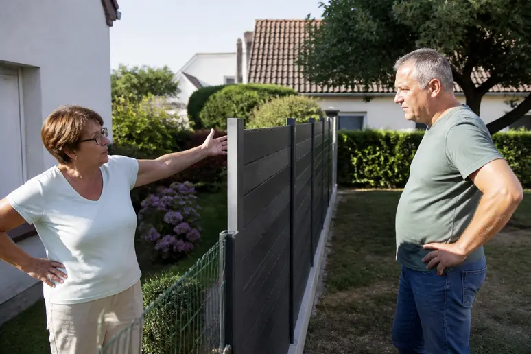 Deux voisins français discutent, visiblement en désaccord, au sujet d'une nouvelle clôture séparant leurs propriétés.