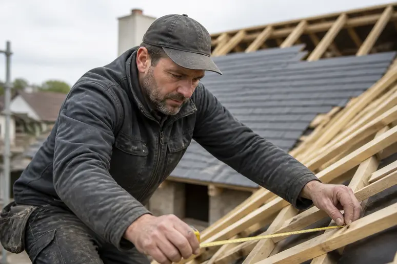 Un couvreur français mesure des liteaux en bois sur un chantier de toiture, en milieu de journée.