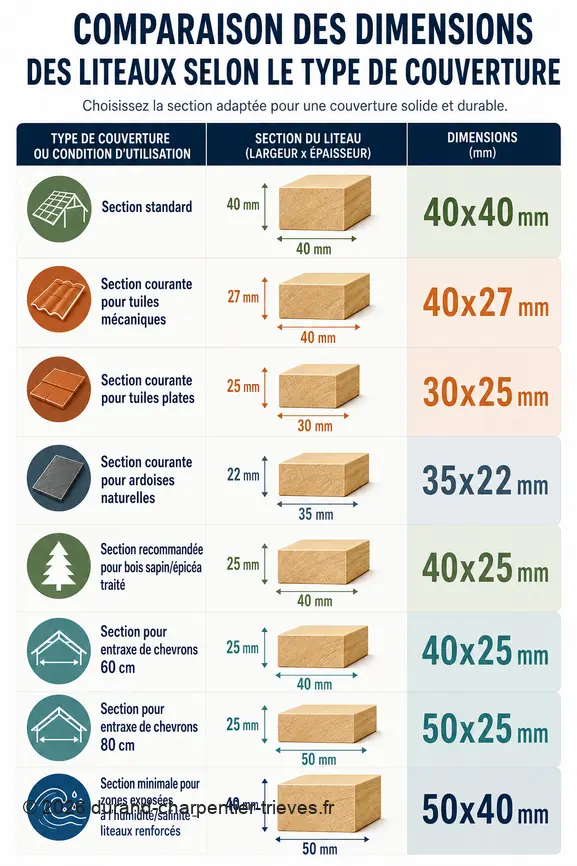 Comparaison des dimensions de liteaux recommandées pour divers matériaux de couverture de toiture.