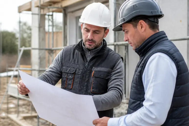 Un charpentier français examine des plans sur un chantier, gage de sélection rigoureuse d'une entreprise qualifiée.