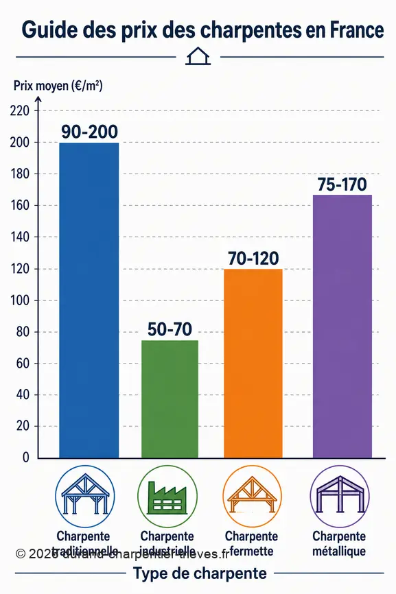 Comparaison des prix moyens au m² pour différents types de charpentes (traditionnelle, industrielle, fermette, métallique) en France.