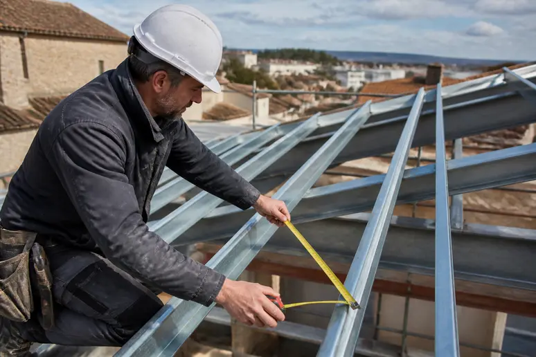 Un couvreur expérimenté mesure l'espacement entre les pannes métalliques d'une toiture en bac acier sur un chantier.