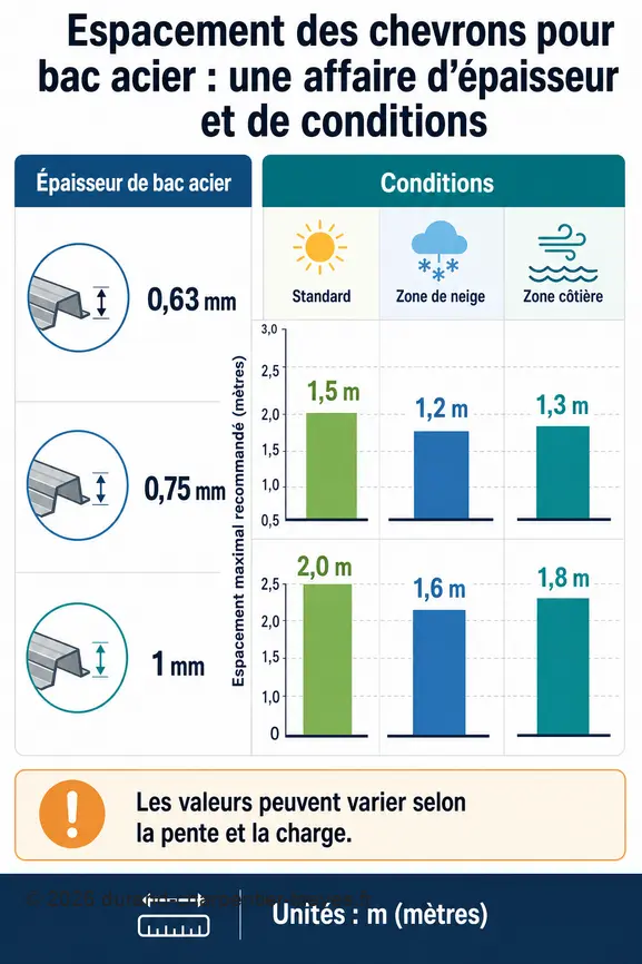 Comparaison visuelle de l'espacement optimal des chevrons pour bac acier selon l'épaisseur et les conditions climatiques.