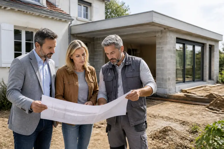 Un couple discute des plans d'une extension de maison à toit plat avec un constructeur sur un chantier ensoleillé.