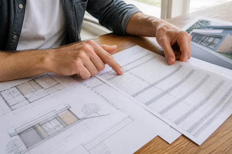 Main désignant un tableau de coûts détaillé pour une extension de maison à toit plat, sur un bureau en bois.