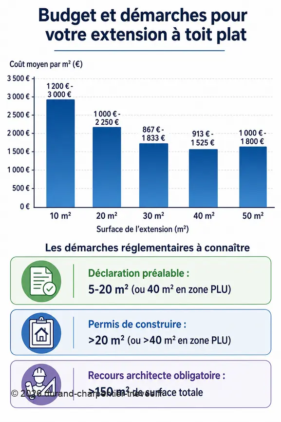 Infographie comparant les coûts moyens et les obligations réglementaires pour l'extension de maison à toit plat selon la surface.
