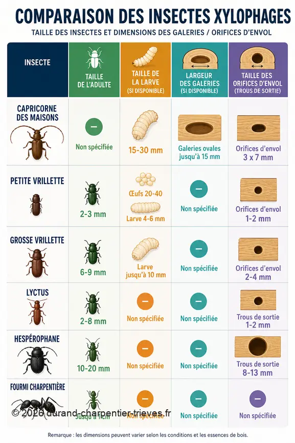 Comparaison visuelle des tailles d'adultes, larves et dégâts causés par divers insectes xylophages.