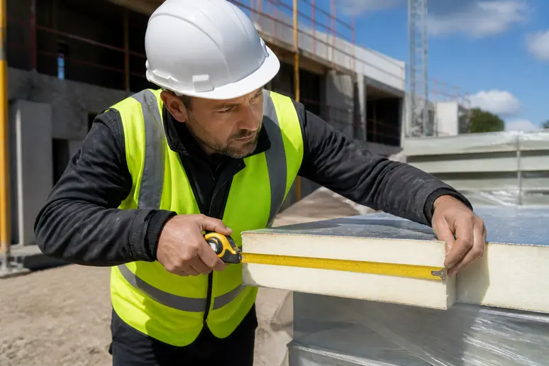 Un ouvrier du bâtiment français mesure avec précision un panneau isolant en polyuréthane de 100 mm sur un chantier.