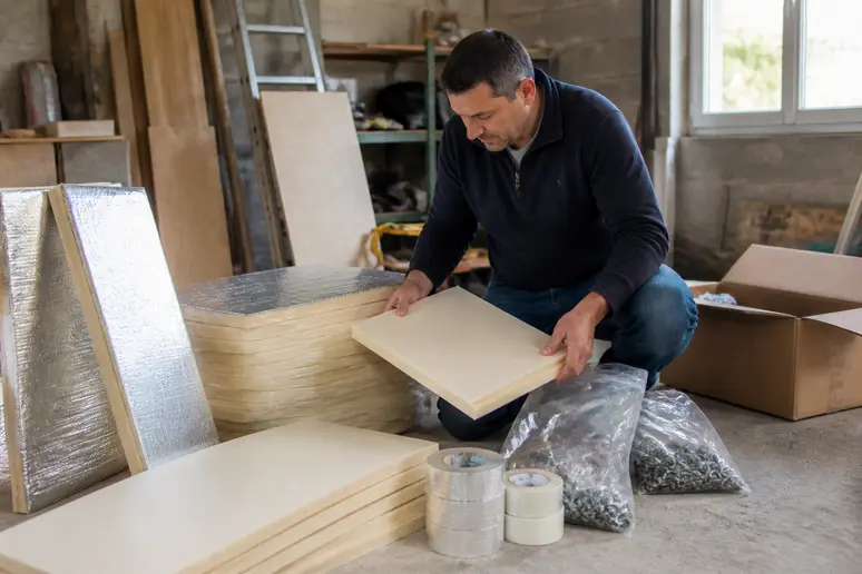 Un particulier français déballe un kit d'isolation complet pour sa maison, prêt à l'installation.