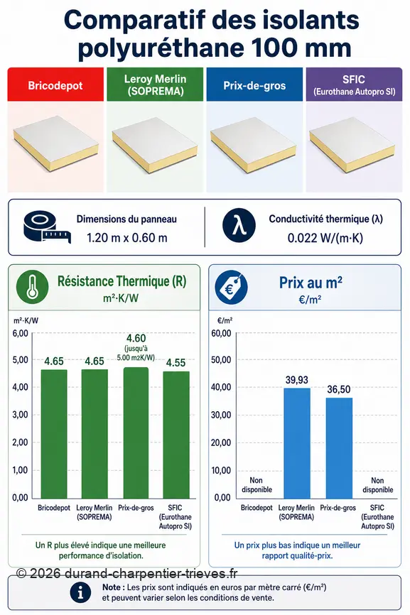 Comparaison des prix et de la résistance thermique de différents panneaux isolants polyuréthane de 100 mm.