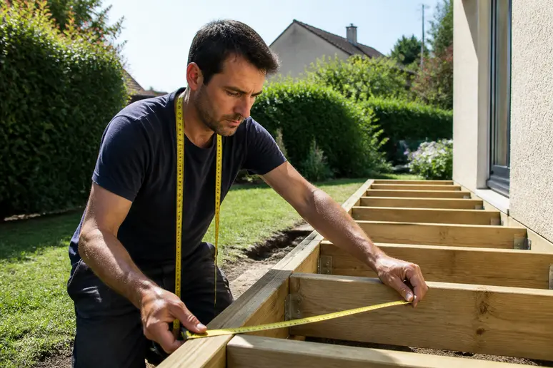 Un artisan mesure l'espacement des lambourdes en bois sur un chantier de terrasse, sous un soleil matinal.jpg