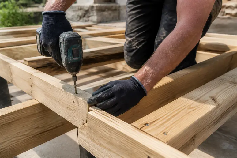 Les mains d'un menuisier assemble une structure de lambourdage croisé pour une terrasse en bois moderne et solide.