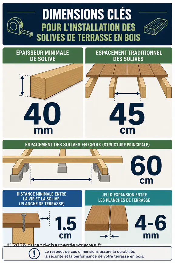 Infographie présentant les dimensions essentielles pour une installation correcte des lambourdes de terrasse en bois.